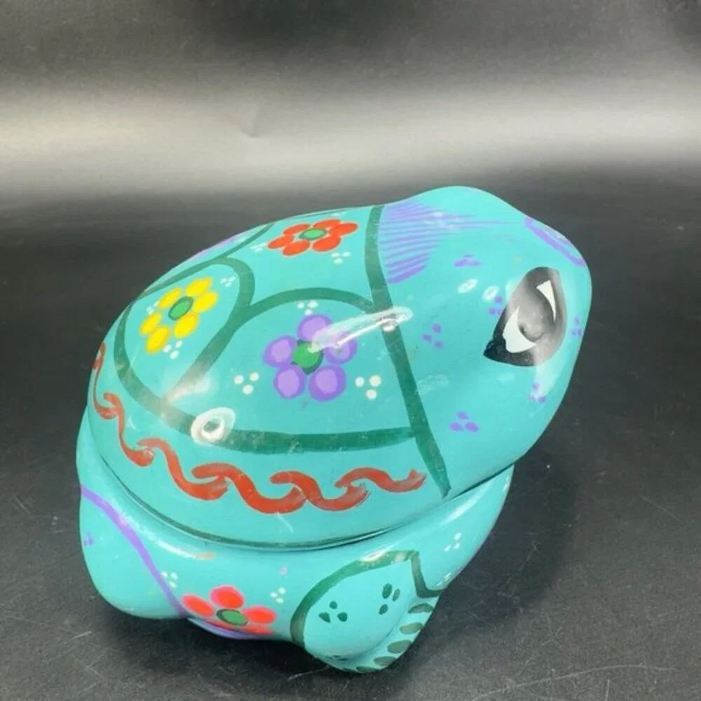 Mexican RedWare Pottery Painted Frog Trinket Holder Jewelry Holder Turquoise VTG
